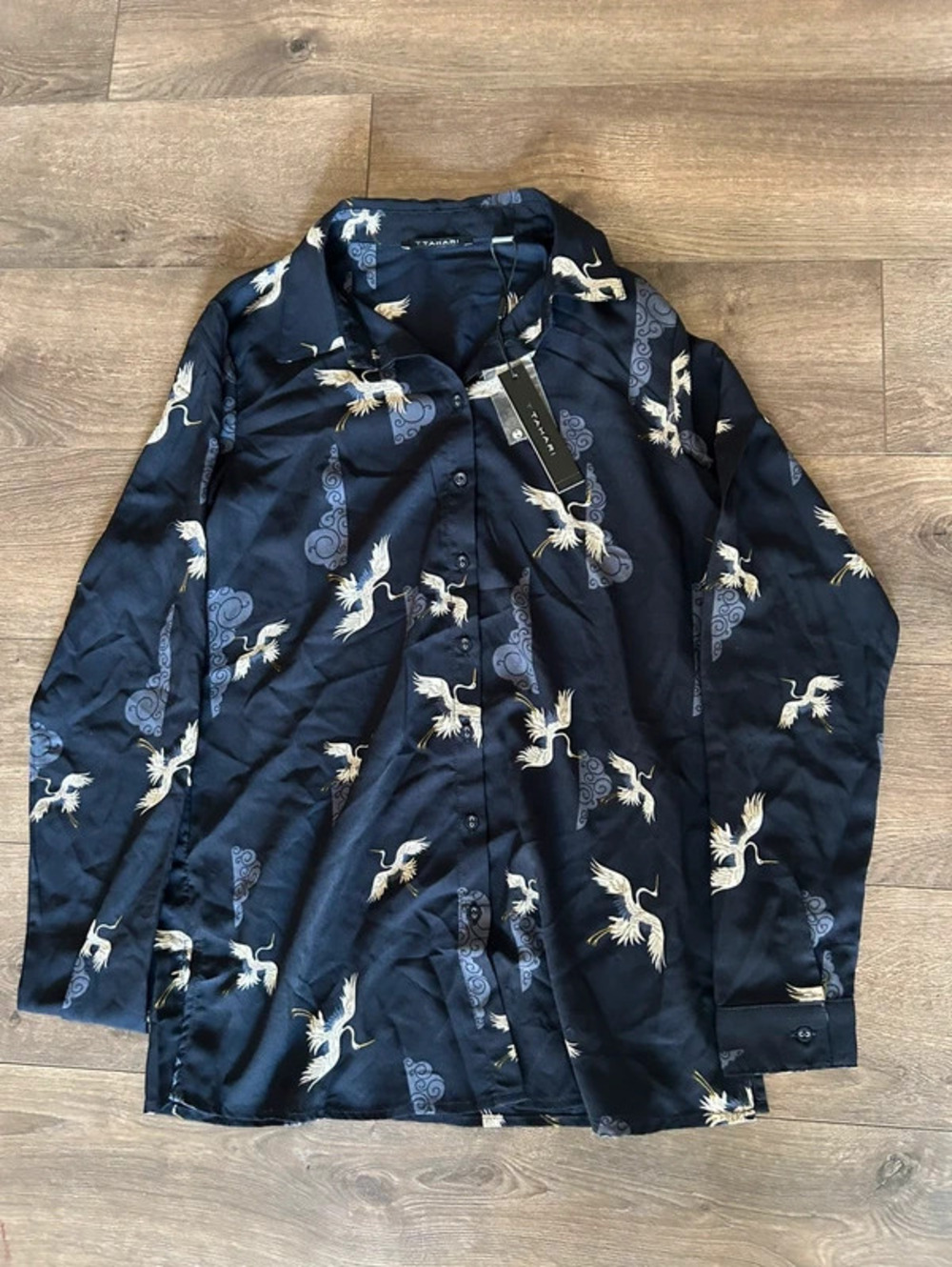 t tahari bird print blouse women’s XS nwt navy